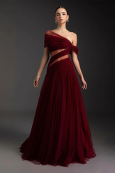 Burgundy one shoulder ruched A-line evening dress