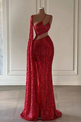 Burgundy One Shoulder Sleeveless Mermaid Sequined Beaded Cutout Floor Length Evening Gown