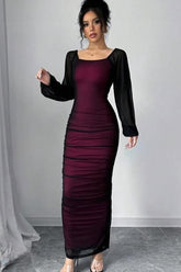 Burgundy square ruched bodycon evening dress