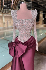 Burgundy Satin Mermaid Evening Dress Square Neck Long Sheer Illusion Sleeves Allover Silver Crystal 3D Floral Lace Beaded Corset Bodice Oversized Front Bow Ruched Waist Cathedral Train Formal Gown