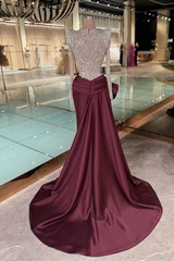 Burgundy Satin Mermaid Evening Dress Square Neck Long Sheer Illusion Sleeves Allover Silver Crystal 3D Floral Lace Beaded Corset Bodice Oversized Front Bow Ruched Waist Cathedral Train Formal Gown