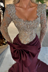 Burgundy Satin Mermaid Evening Dress Square Neck Long Sheer Illusion Sleeves Allover Silver Crystal 3D Floral Lace Beaded Corset Bodice Oversized Front Bow Ruched Waist Cathedral Train Formal Gown