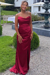 Burgundy Satin Mermaid Prom Dress Spaghetti Straps Cowl Neck Ruched Waist High Slit Minimalist Formal Gown with Sweep Train