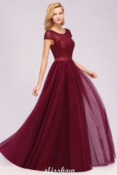 Burgundy lace cap sleeve A-line tulle bridesmaid dress