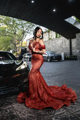 Burgundy Sequin Mermaid Prom Dress Deep V Neck Off Shoulder Short Sleeve 3D Floral Crystal Fringe Evening Gown with Sweep Train