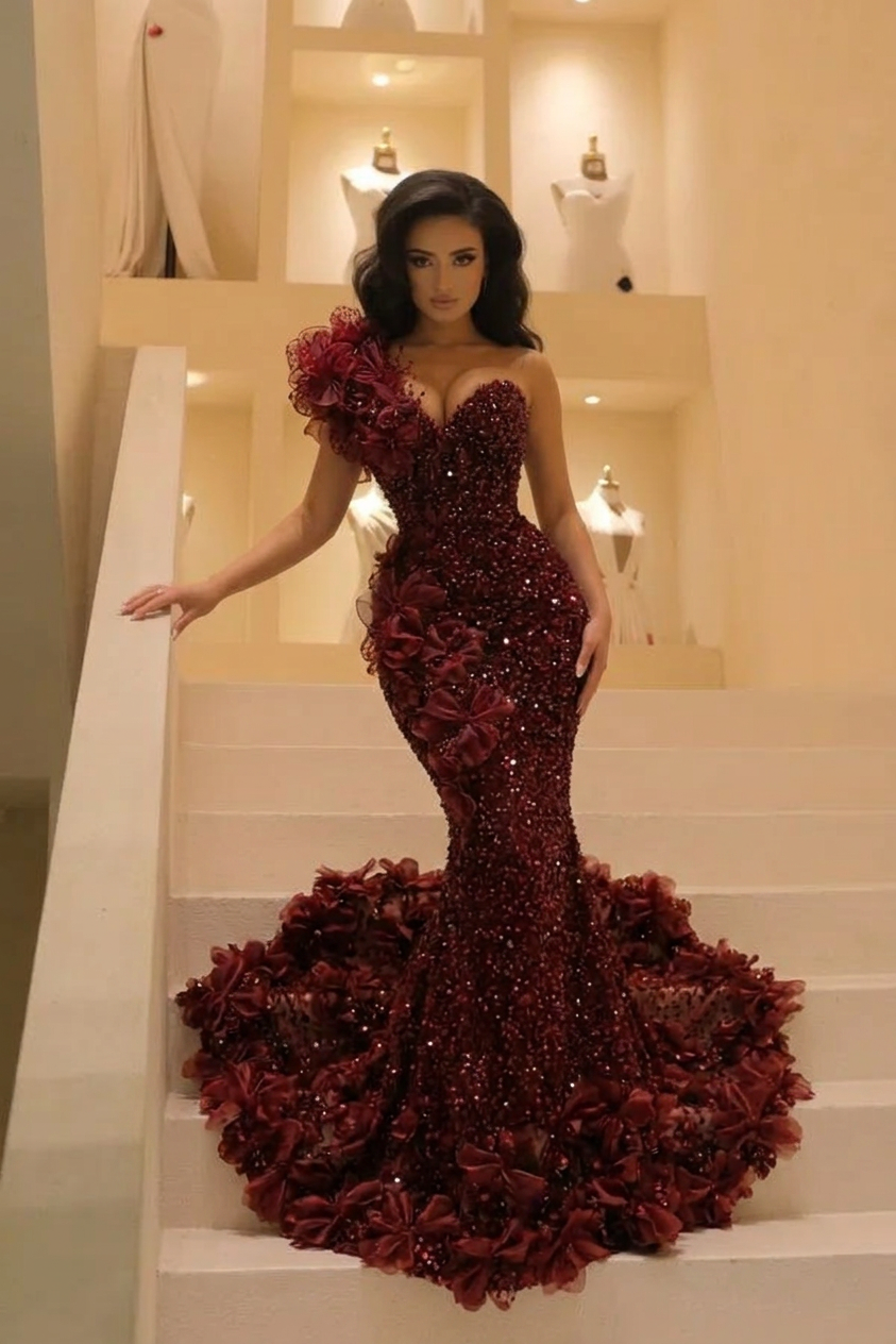 Burgundy Sequin Mermaid Prom Dress One Shoulder 3D Floral Open Back Cathedral Train | Misshow Burgundy Sequin Mermaid Prom Dress One Shoulder 3D Floral Open Back Cathedral Train | Misshow