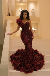 Burgundy Sequin Mermaid Prom Dress One Shoulder 3D Floral Ruffle Deep Sweetheart Beaded Bodice Open Back 3D Flower Cathedral Train Formal Gown