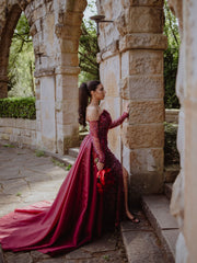 Burgundy Sequin Mermaid Wedding Dress Strapless Sleeveless High Slit Detachable Overskirt Cathedral Train Bridal Gown