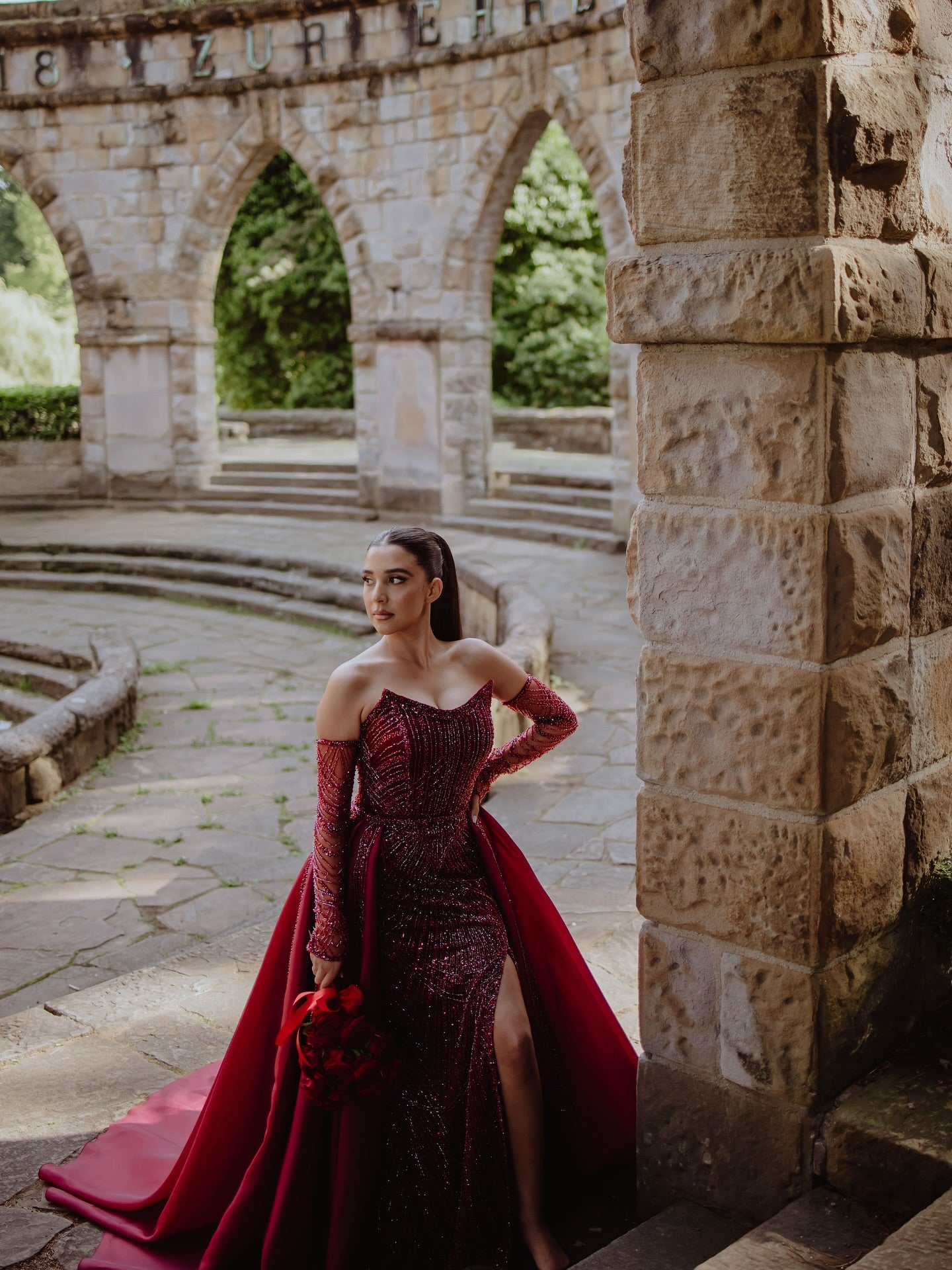 Burgundy Sequin Mermaid Wedding Dress Strapless Sleeveless High Slit Detachable Overskirt Cathedral Train Bridal Gown