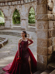Burgundy Sequin Mermaid Wedding Dress Strapless Sleeveless High Slit Detachable Overskirt Cathedral Train Bridal Gown