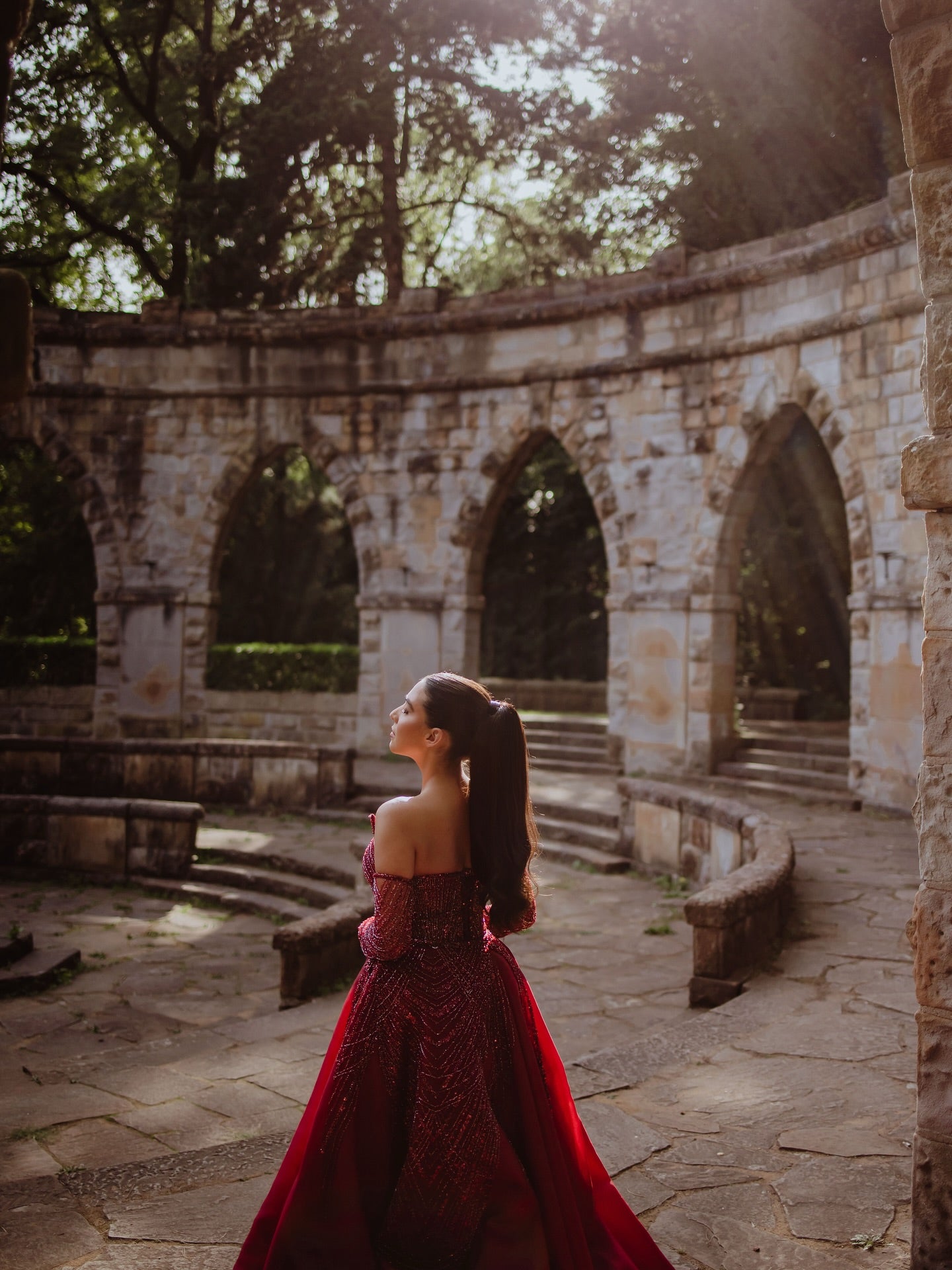 Burgundy Sequin Mermaid Wedding Dress Strapless Sleeveless High Slit Detachable Overskirt Cathedral Train Bridal Gown