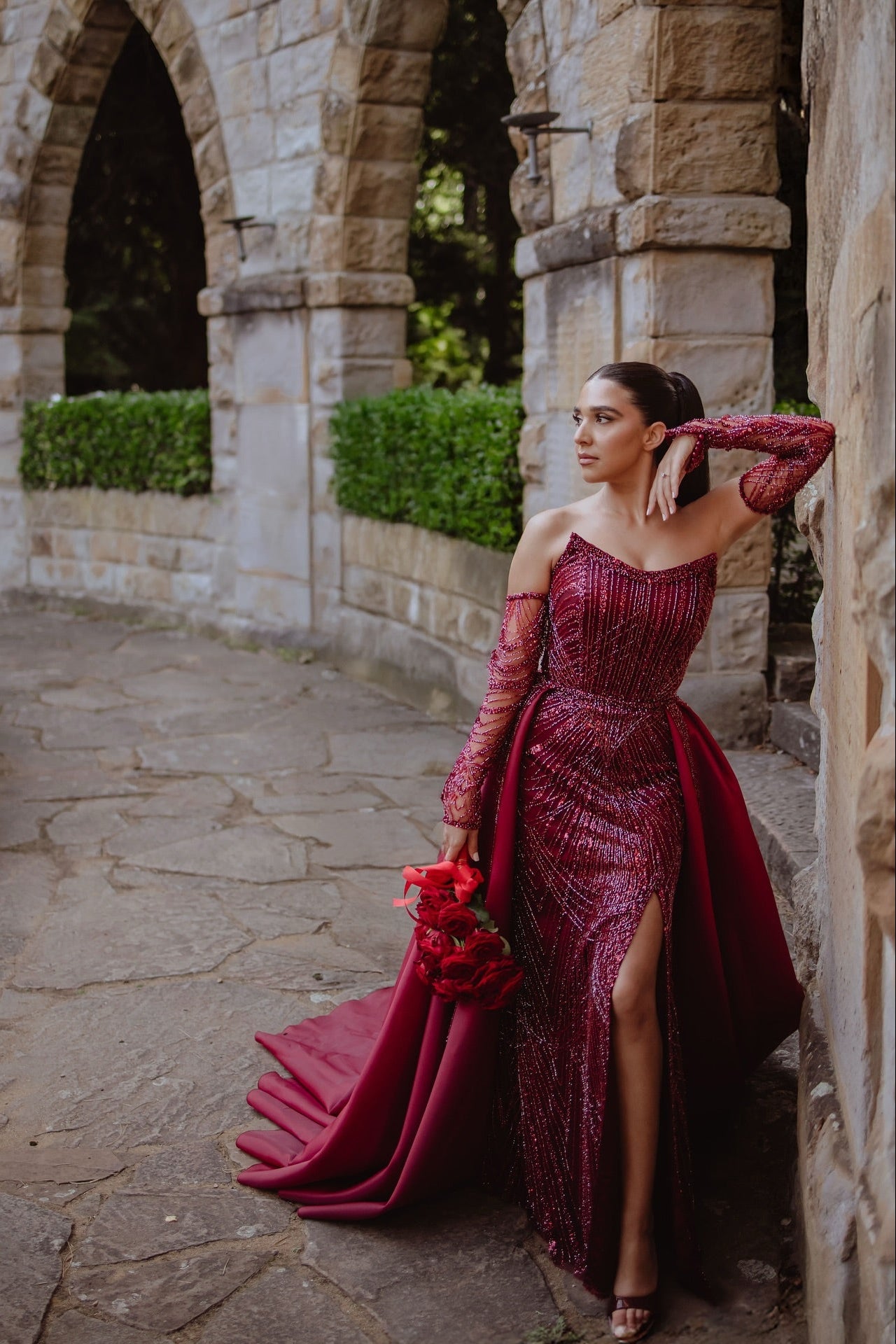 Burgundy Sequin Mermaid Wedding Dress Strapless Sleeveless High Slit Detachable Overskirt Cathedral Train Bridal Gown