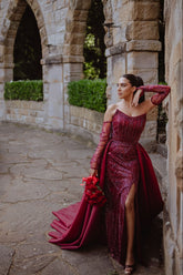 Burgundy Sequin Mermaid Wedding Dress Strapless Sleeveless High Slit Detachable Overskirt Cathedral Train Bridal Gown