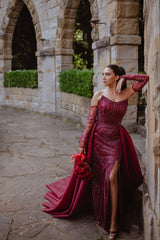 Burgundy Sequin Mermaid Wedding Dress Strapless Sleeveless High Slit Detachable Overskirt Cathedral Train Bridal Gown