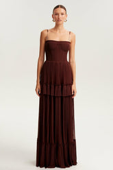 Burgundy spaghetti straps ruffled A-line evening dress