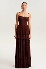 Burgundy Spaghetti Straps Sleeveless A-Line Chiffon Ruffled Floor Formal Evening Dress
