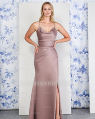 Burgundy Spaghetti Straps Sleeveless Mermaid Satin Ruching High Split Formal Evening Gown