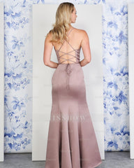 Burgundy Spaghetti Straps Sleeveless Mermaid Satin Ruching High Split Formal Evening Gown