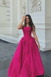 Burgundy Strapless Sleeveless Ball Gown Satin Pleated Floor Length Formal Evening Dress