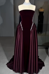 Burgundy Strapless Sleeveless Beaded A-line Velvet Floor Length Formal Evening Gown