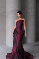 Burgundy Strapless Sleeveless Mermaid Satin Ruched Floor Length Formal Evening Dress