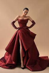 Burgundy Strapless Sleeveless Ruched Draped Ball Gown Floor Length Formal Evening Dress