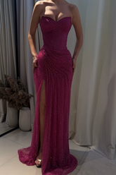 Burgundy Strapless Sweetheart Sequined Mermaid High Slit Ruched Floor Formal Evening Gown