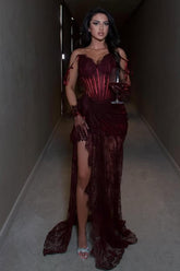 Burgundy Sweetheart Sleeveless Lace Corset Mermaid Split Floor Length Formal Evening Gown