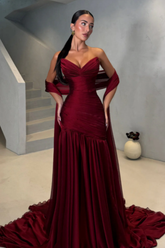 Burgundy Sweetheart Sleeveless Mermaid Satin Ruffled Floor Length Formal Evening Gown