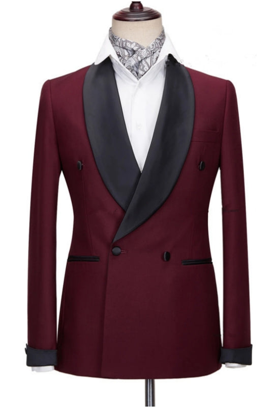 Burgundy Trim Fit Wedding Suit With Black Shawl Collar
