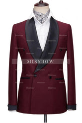 Burgundy Trim Fit Wedding Suit With Black Shawl Collar
