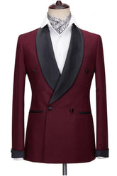 Burgundy Trim Fit Wedding Suit With Black Shawl Collar