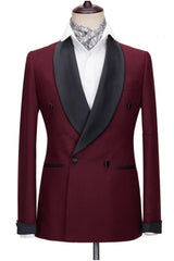 Burgundy Trim Fit Wedding Suit With Black Shawl Collar
