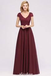 Burgundy V-neck lace cap sleeve chiffon bridesmaid dress