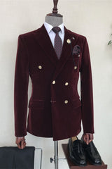 Burgundy Velvet Double Breasted Stylish Formal Suit with Black Trousers
