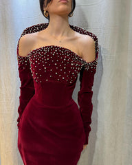 Burgundy Velvet Long Sleeve Formal Dress Strapless Rhinestone Shoulder Open Back Floor Length Sheath Gown