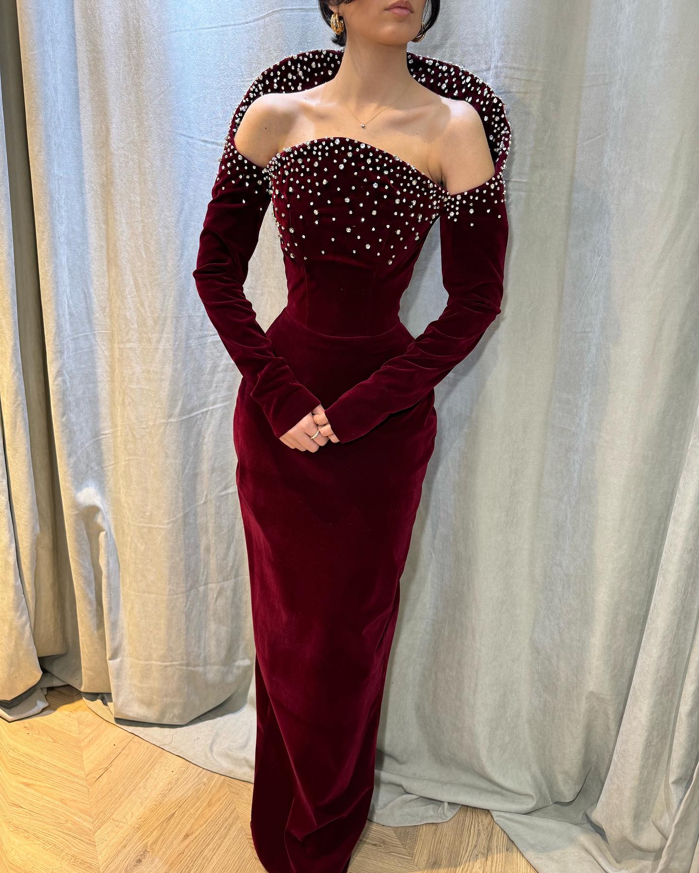 Burgundy Velvet Long Sleeve Formal Dress Strapless Rhinestone Shoulder Open Back Floor Length Sheath Gown