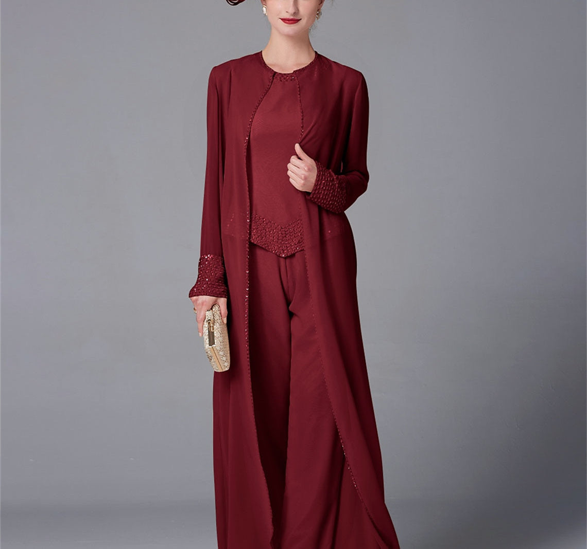 Chiffon Long Sleeves Mother Of The Bride Pantsuits With Jacket Sequins