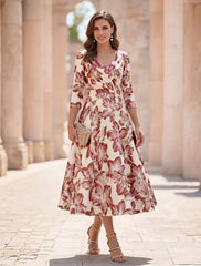 A Line Princess V Neck Satin Mother Of The Bride Dresses Floral 3 4 Sleeves Tea Length Ruched