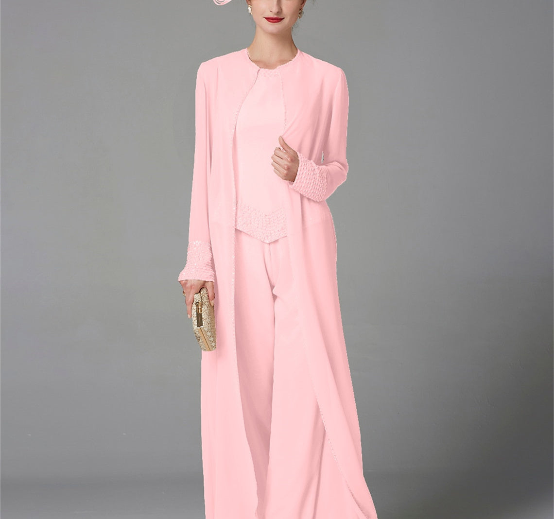 Chiffon Long Sleeves Mother Of The Bride Pantsuits With Jacket Sequins