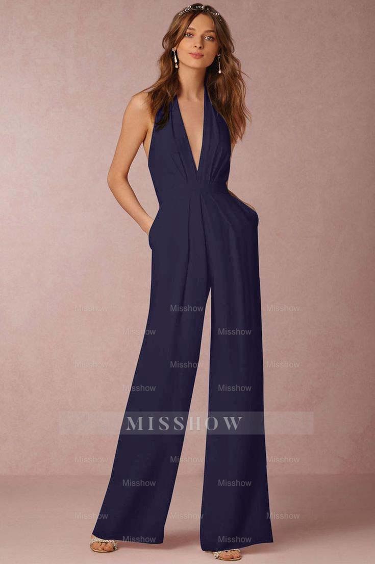 Casual Black Deep V-Neck Halter Long Daily Jump Suit