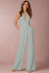 Casual Black Deep V-Neck Halter Long Daily Jump Suit