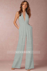 Casual Black Deep V-Neck Halter Long Daily Jump Suit