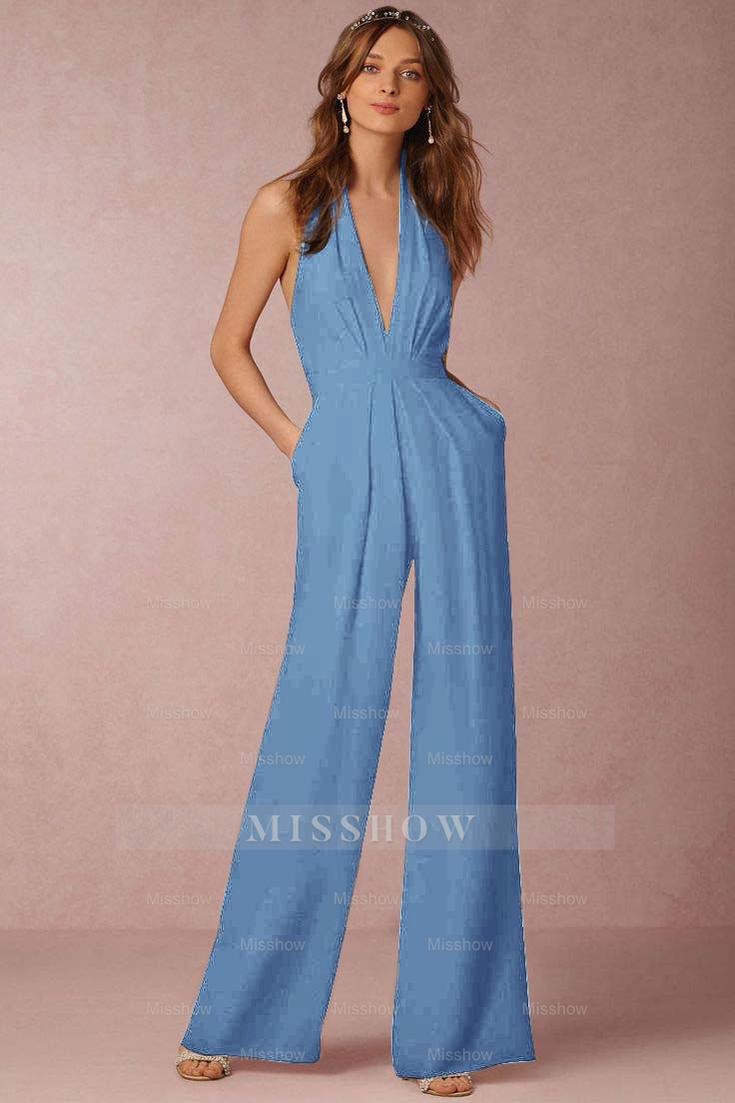 Casual Black Deep V-Neck Halter Long Daily Jump Suit