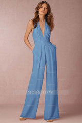 Casual Black Deep V-Neck Halter Long Daily Jump Suit