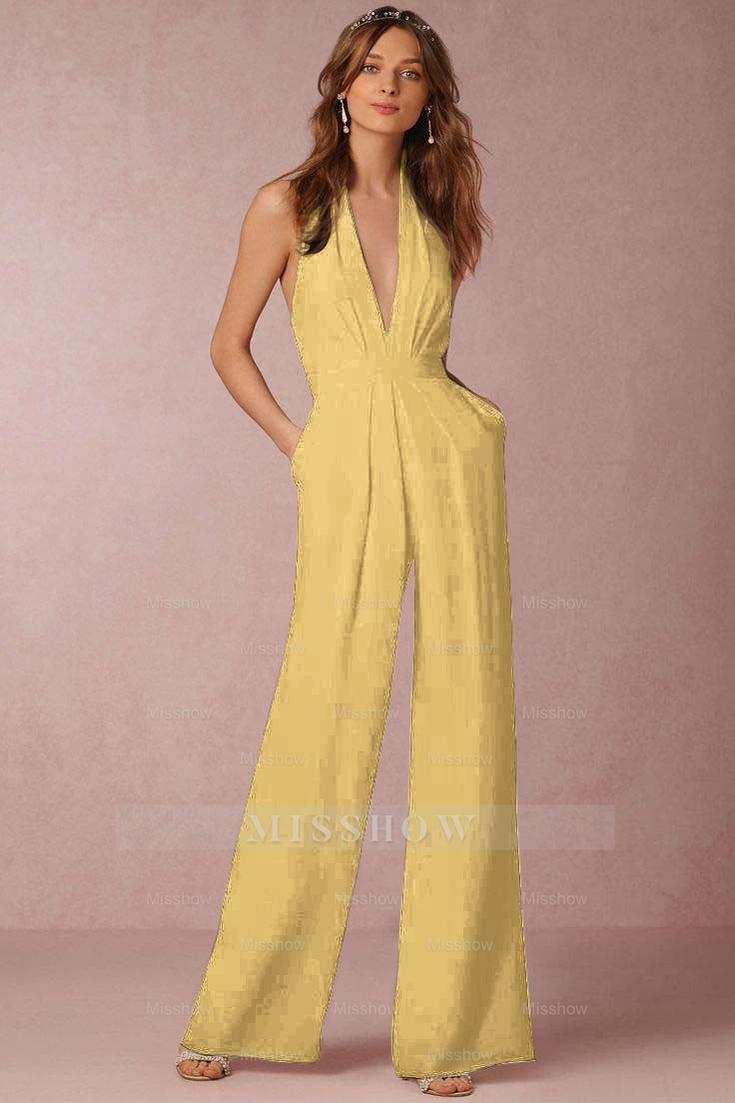 Casual Black Deep V-Neck Halter Long Daily Jump Suit