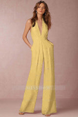Casual Black Deep V-Neck Halter Long Daily Jump Suit