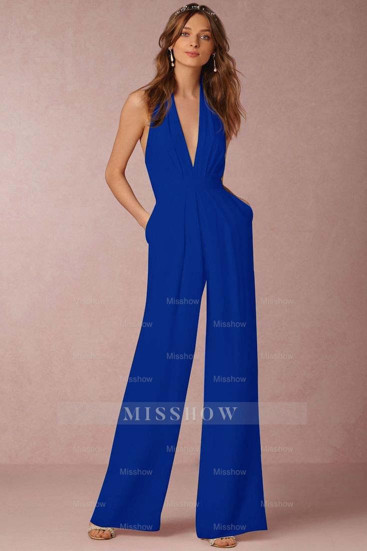 Casual Black Deep V-Neck Halter Long Daily Jump Suit