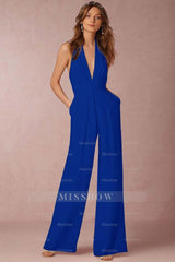 Casual Black Deep V-Neck Halter Long Daily Jump Suit