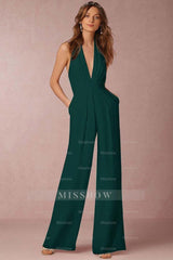 Casual Black Deep V-Neck Halter Long Daily Jump Suit